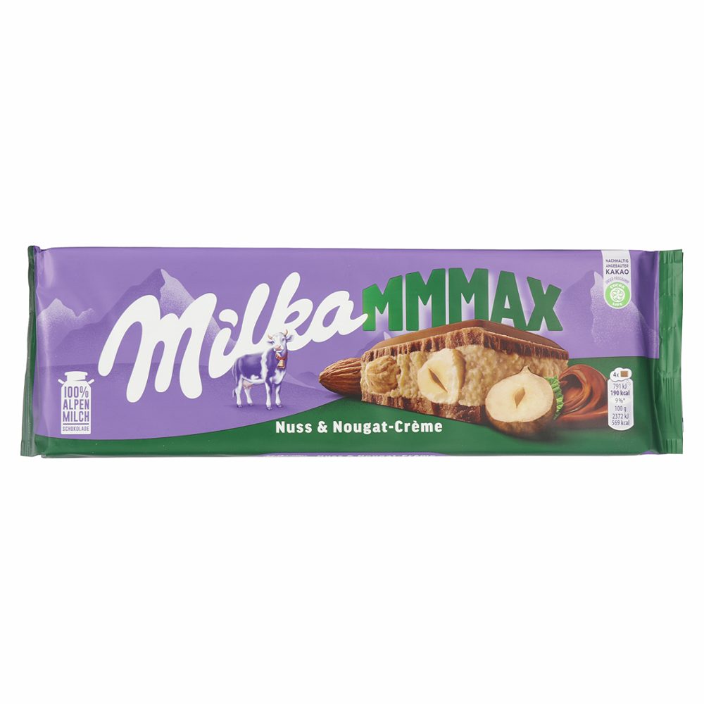mlečna čokolada lešnikovo in mandljevo polnilo, milka mmmax, 300g