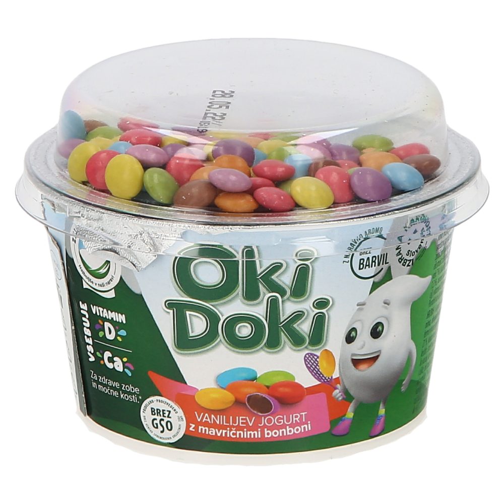 VANILIJEV JOGURT Z MAVRIČNIMI BONBONI OKI DOKI, ZELENE DOLINE, 150G