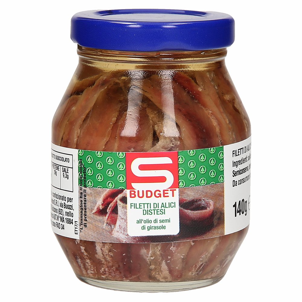 fileti sardonov (inčunov) v sončničnem olju, s-budget, 140g