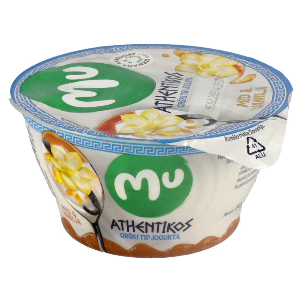 grški tip jogurta, med in vanilja, 9,8 % m.m., mu athentikos, 150 g