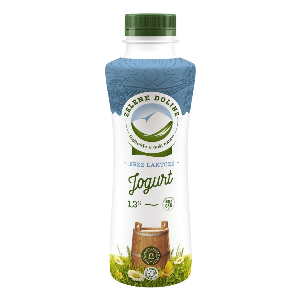 TEKOČI JOGURT BREZ LAKTOZE 1,3% M.M., ZELENE DOLINE, 500G