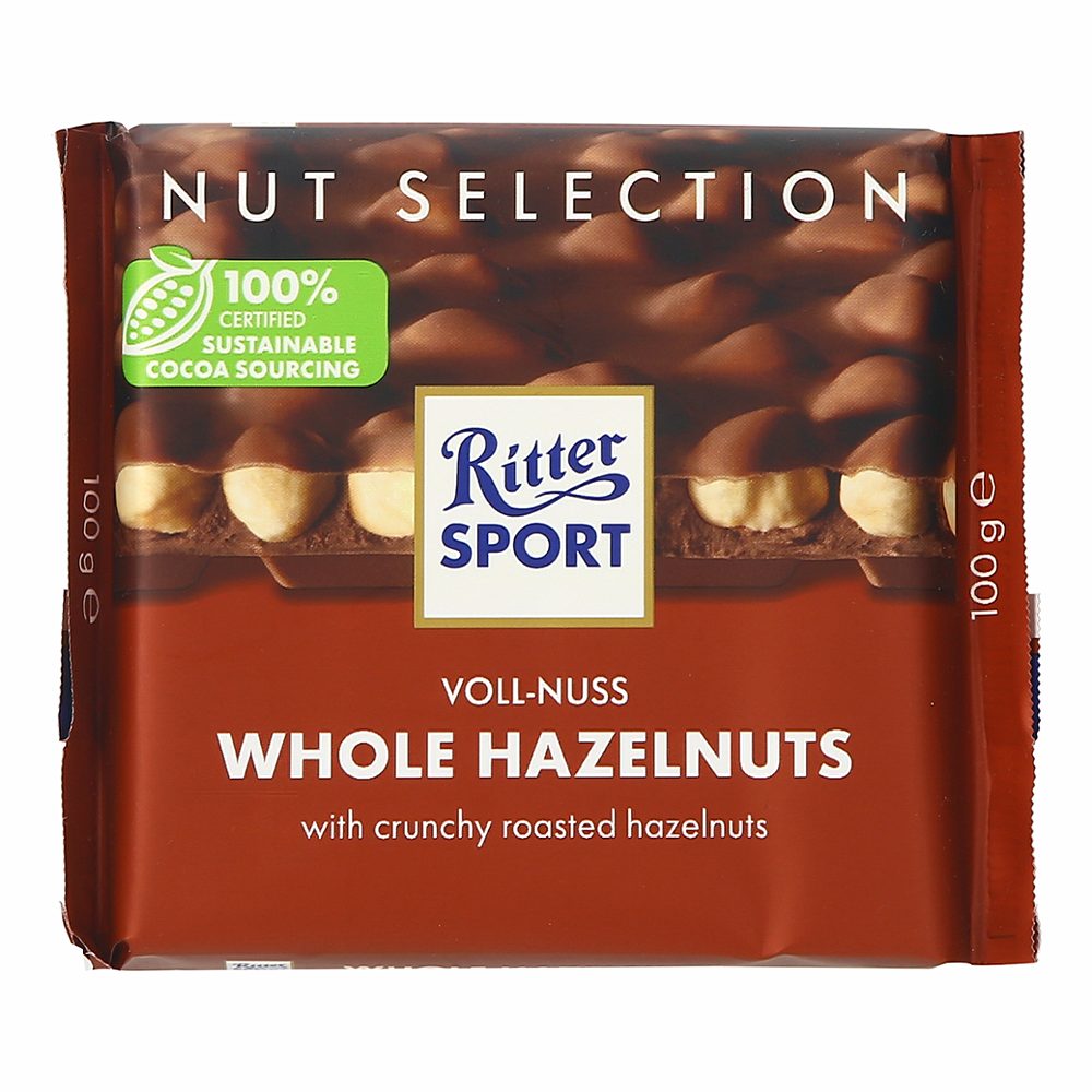 mlečna čokolada celi lešniki, ritter sport, 100g