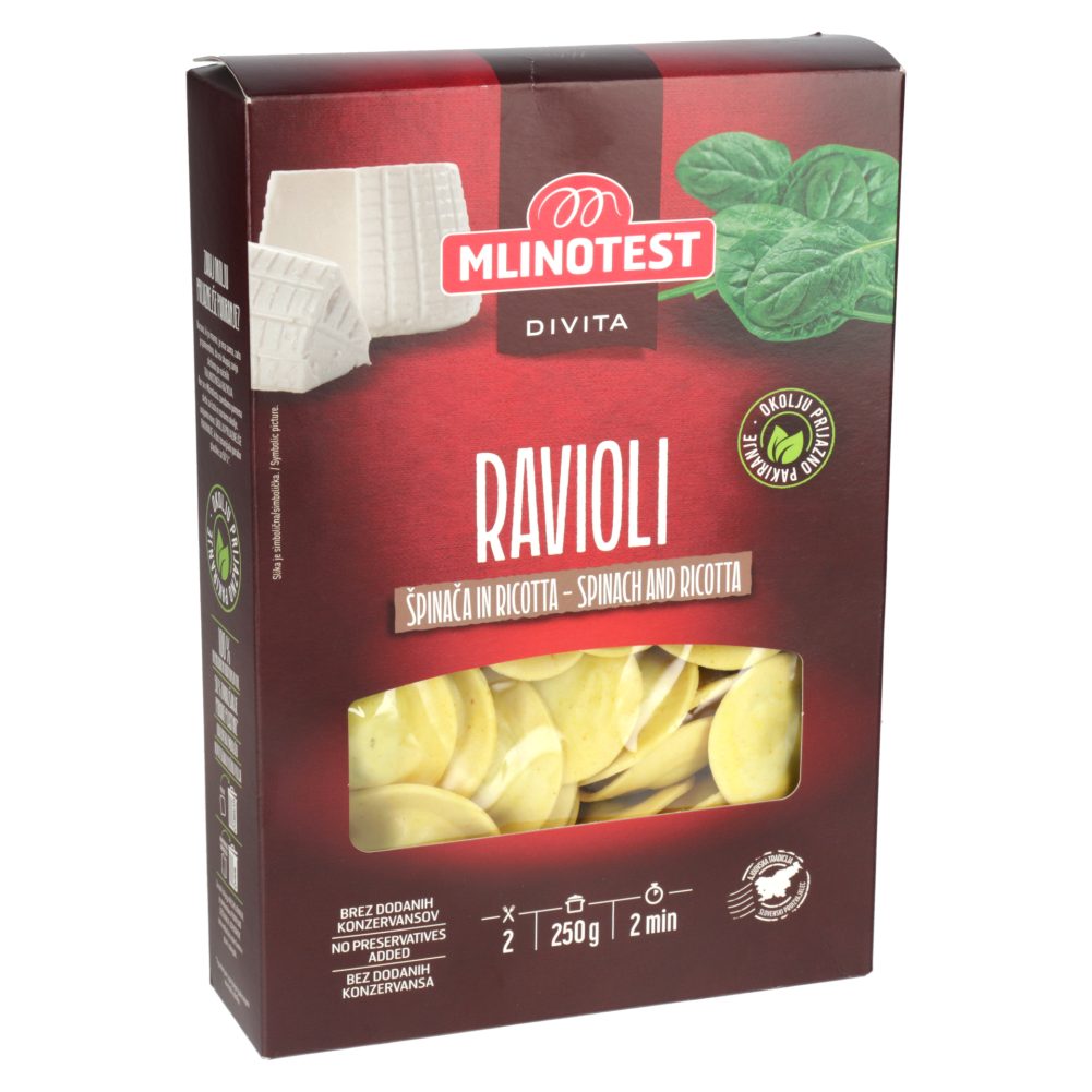 TESTENINE RAVIOLI ŠPINAČA IN RICOTTA DIVITA, MLINOTEST, 250G