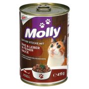 Slika produkta MOKRA HRANA ZA MAČKE SOČNI KOŠČKI Z GOVEDINO IN JETRI V OMAKI, MOLLY, 415G