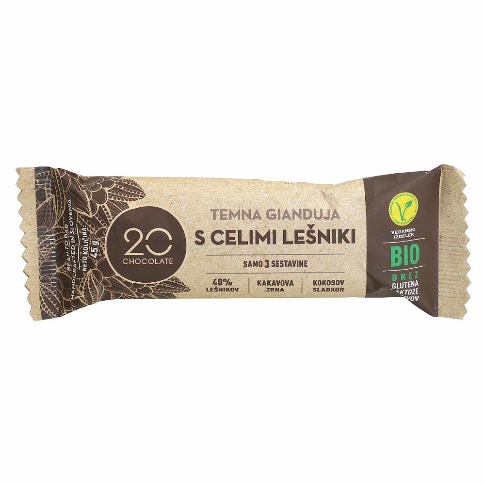 bio temna gianduja s celimi lešniki, 20 chocolate, 45g