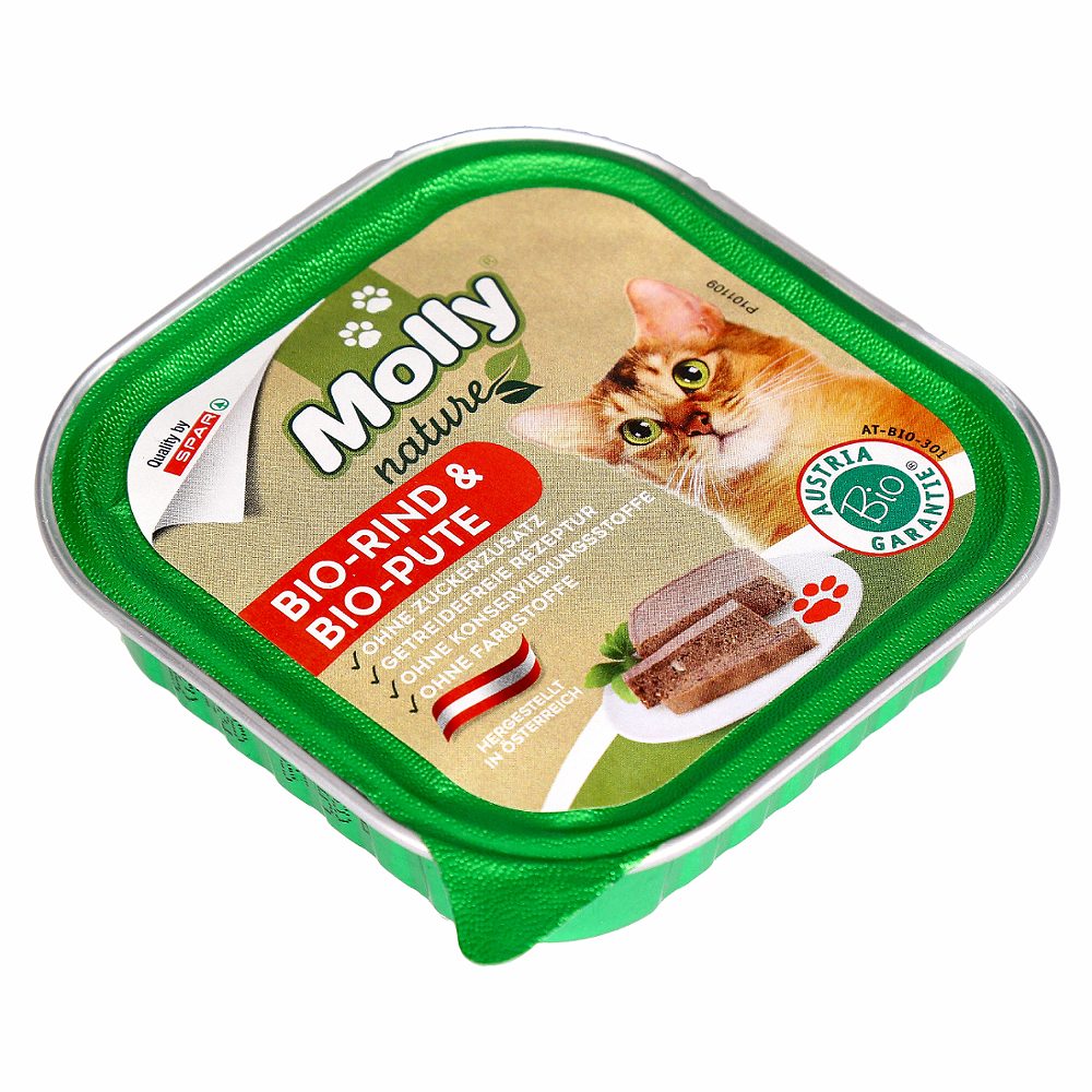 bio mokra hrana za mačke z govedino in puranom, molly nature, 100g