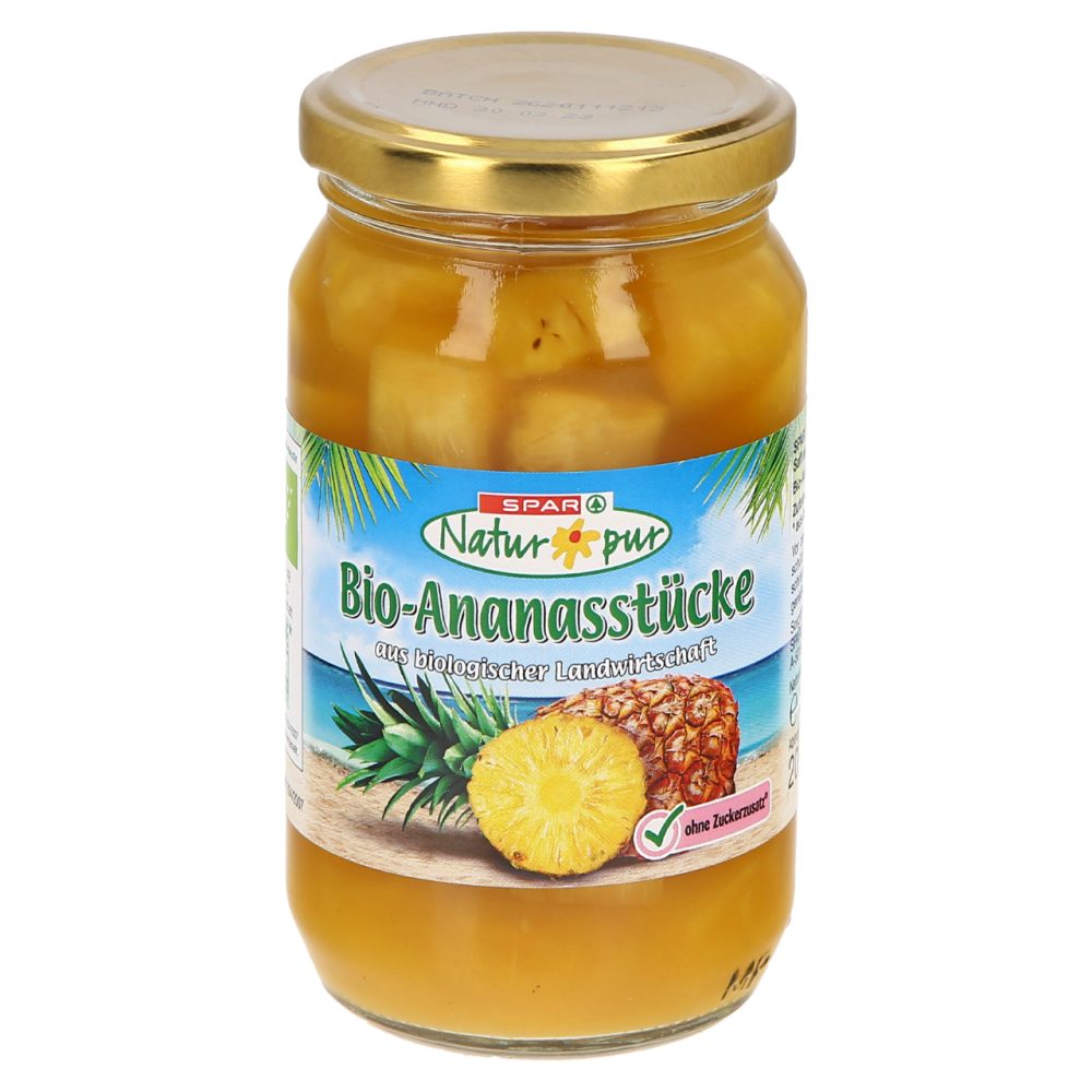 BIO KOŠČKI ANANASA V LASTNEM SOKU, SPAR NATUR*PUR, 350G