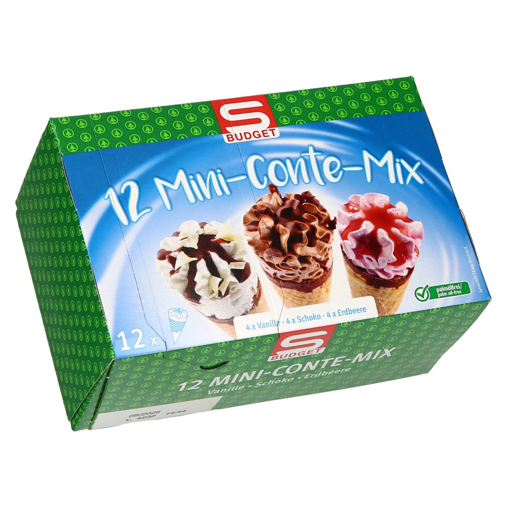 MINI KORNETI MIX - 4X VANILIJA, 4X ČOKOLADA, 4X JAGODA, S-BUDGET, 12/1