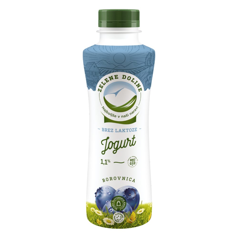 tekoči sadni jogurt, borovnica, brez laktoze, zelene doline, 500 g