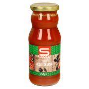 Slika produkta OMAKA IZ ČEŠNJEVIH PARADIŽNIKOV Z OLIVAMI IN KAPRAMI ALLA EOLIANA, S-BUDGET, 350G