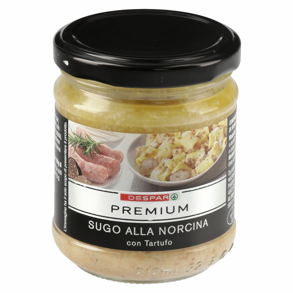 omaka s svinjsko klobaso, smetano in črnimi tartufi, despar premium, 180g