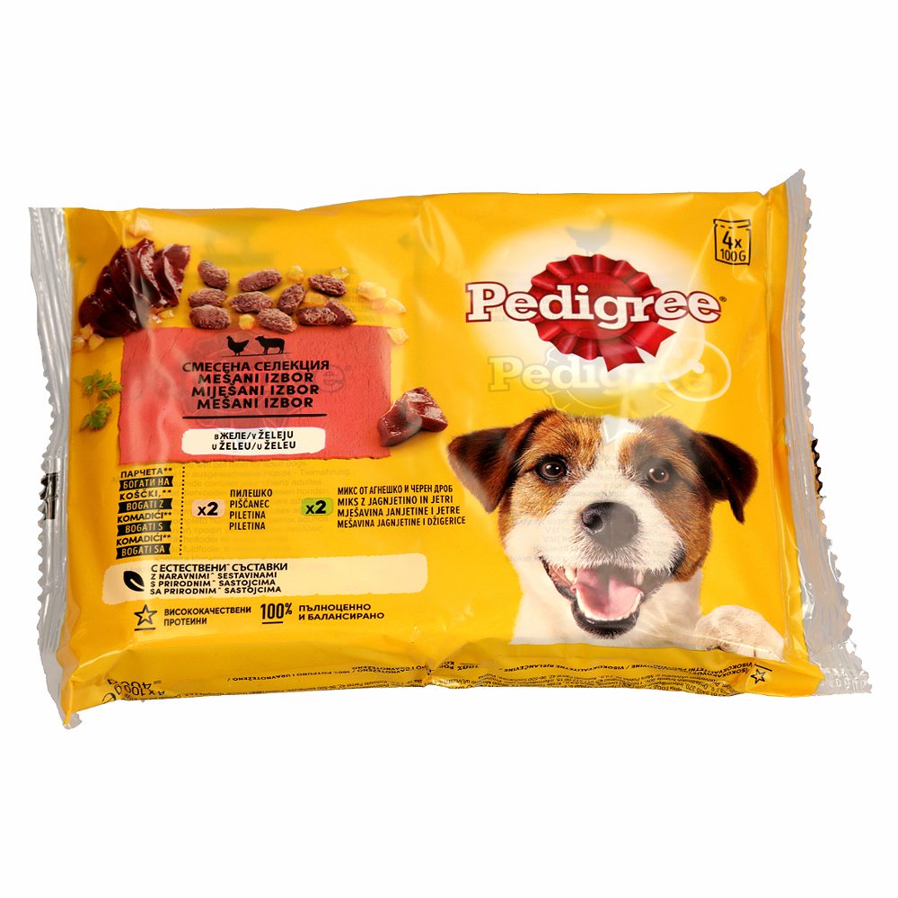mokra hrana za pse v želeju mešani izbor piščanec, teletina in jetra, pedigree pouch, 4x100g