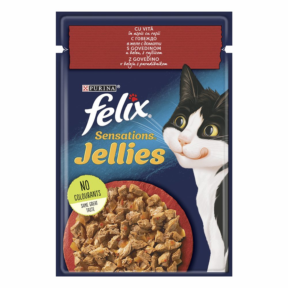 mokra hrana za mačke govedina in paradižnik, felix sensations jellies, 85g