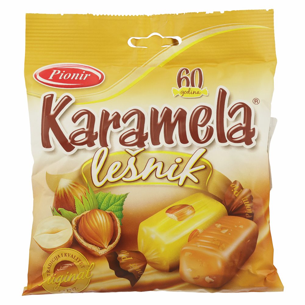 mlečna karamela z lešniki, pionir, 100g