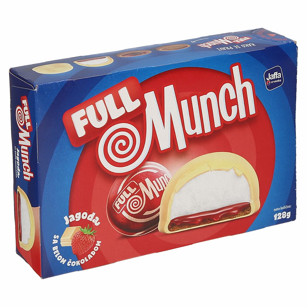 kolač z jagodnim polnilom oblit z belo čokolado full munch, jaffa crvenka, 128g