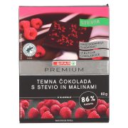 Slika produkta TEMNA ČOKOLADA S STEVIO IN MALINAMI, SPAR PREMIUM, 60G
