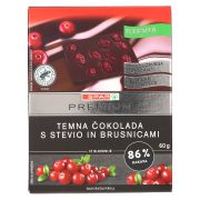 Slika produkta TEMNA ČOKOLADA S STEVIO IN BRUSNICAMI, SPAR PREMIUM, 60G