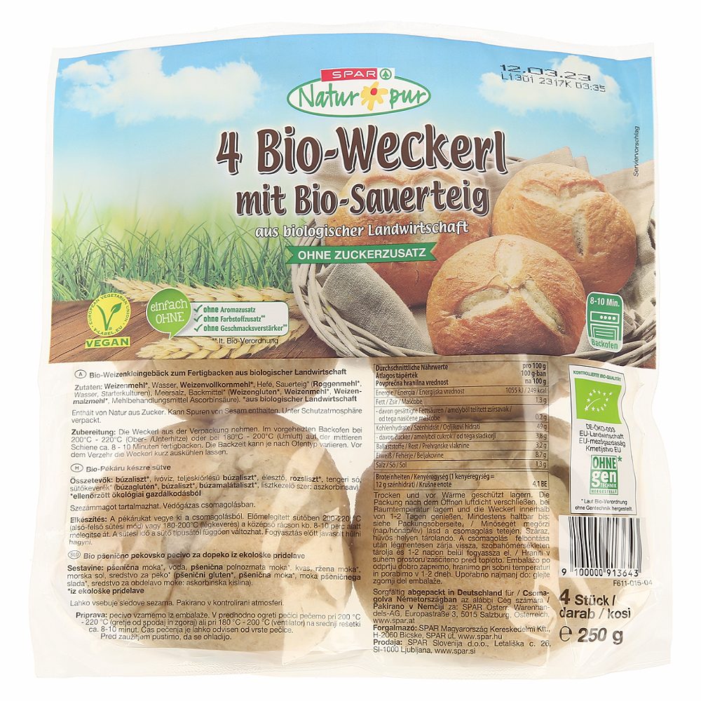 bio pšenično pekovsko pecivo za dopeko, spar natur*pur, 4/1, 250g
