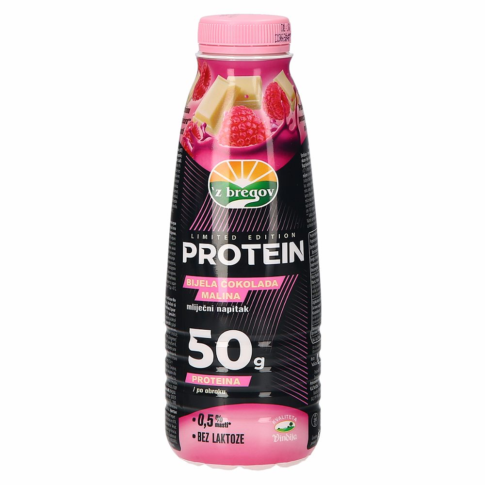 proteinski napitek, bela čokolada in malina, z bregov, 500 ml