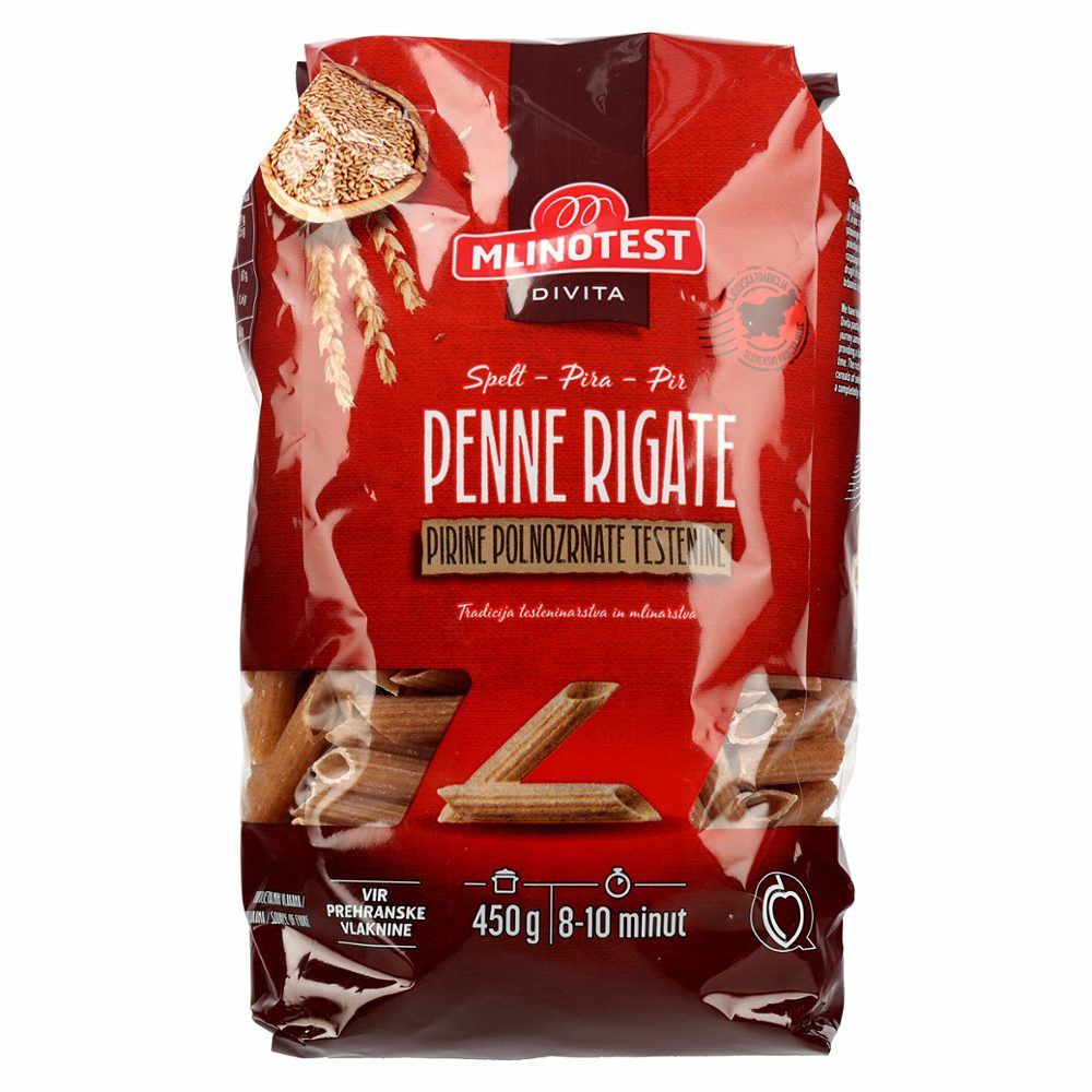 testenine pirini peresniki penne rigate divita, mlinotest, 450g