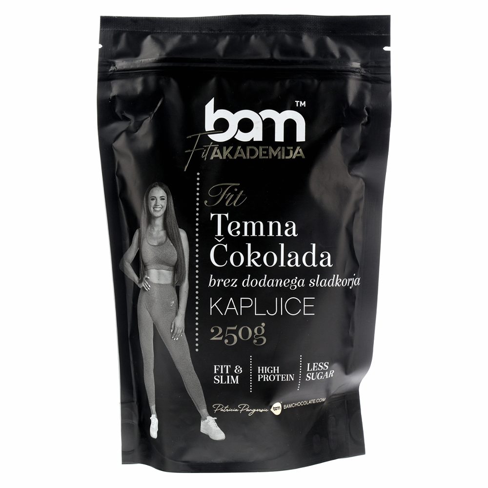 čokoladne kapljice temna čokolada brez dodanega sladkorja, fit akademija, bam, 250g