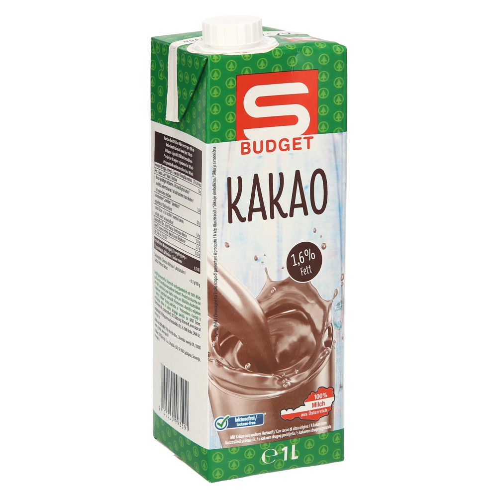 MLEČNI NAPITEK BREZ LAKTOZE Z MANJMASTNIM KAKAVOM, S-BUDGET, 1L