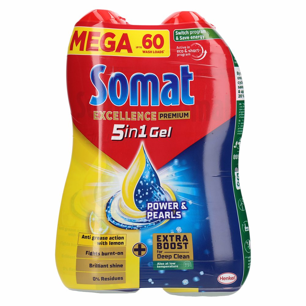 gel za strojno pomivanje posode excellence duo gel lemon, somat, 60pranj, 2x540ml