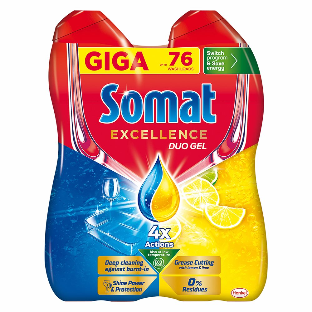 gel za strojno pomivanje posode excellence duo gel lemon, somat, 76pranj, 2x684ml