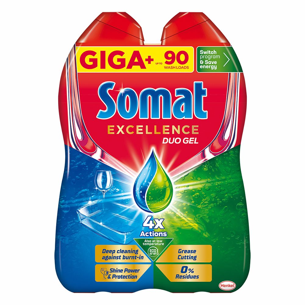 gel za strojno pomivanje posode excellence duo gel, somat, 90pranj, 2x988ml