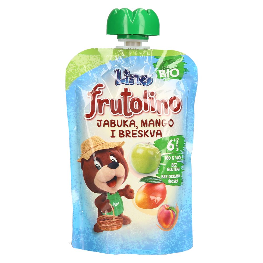 BIO KAŠICA JABOLKO, MANGO IN BRESKEV FRUTOLINO, LINO, 100G