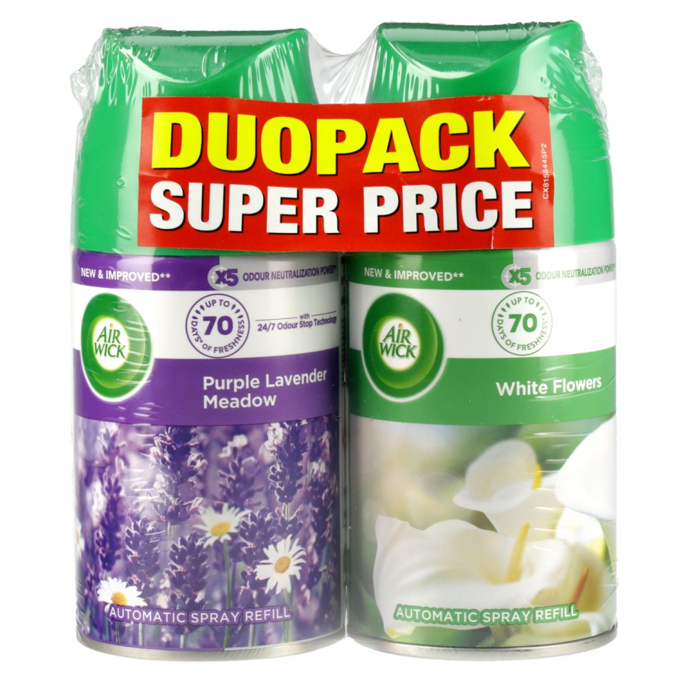 OSVEŽILEC DUO WHITE FLOWERS & PURPLE LAVENDER MEADOW AIR WICK FRESHMATIC, 2X 250 ML, POLNILO