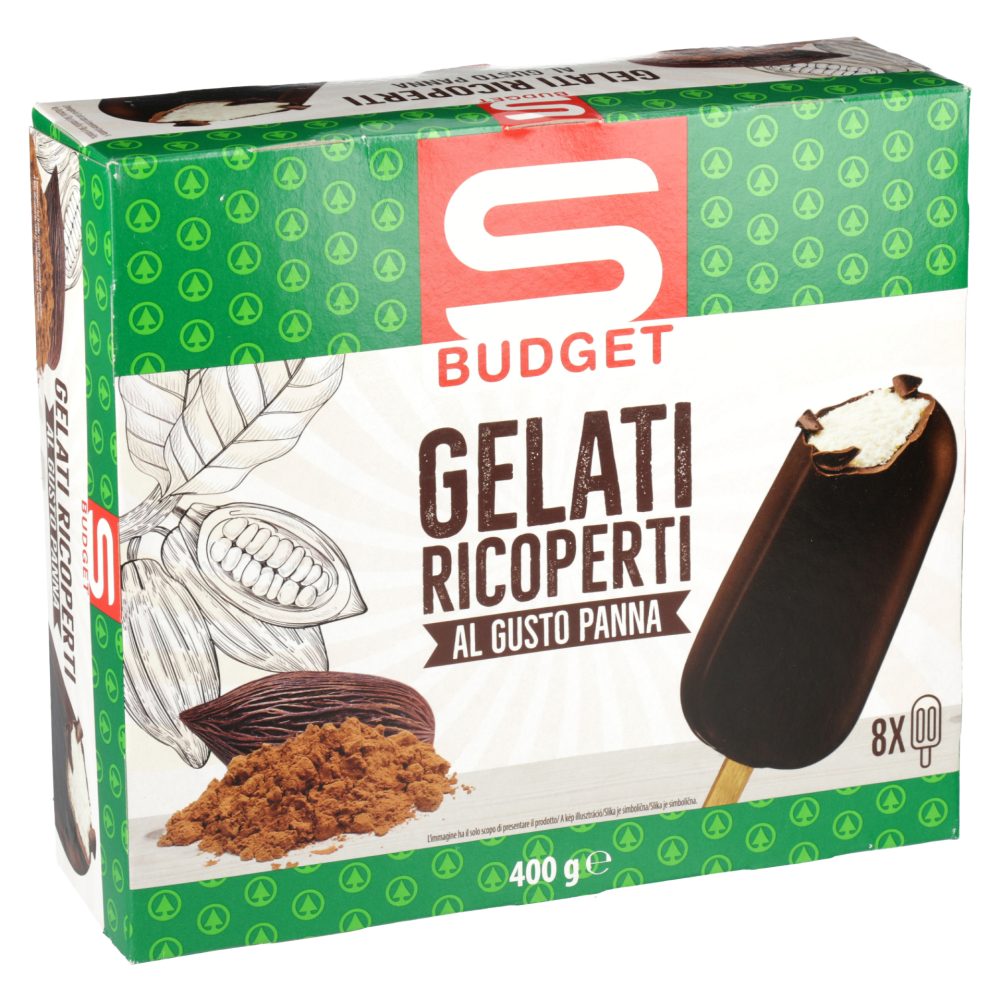 SLADOLED NA PALČKI Z OKUSOM SMETANE S KAKAVOVIM PRELIVOM, S-BUDGET, 8X65ML