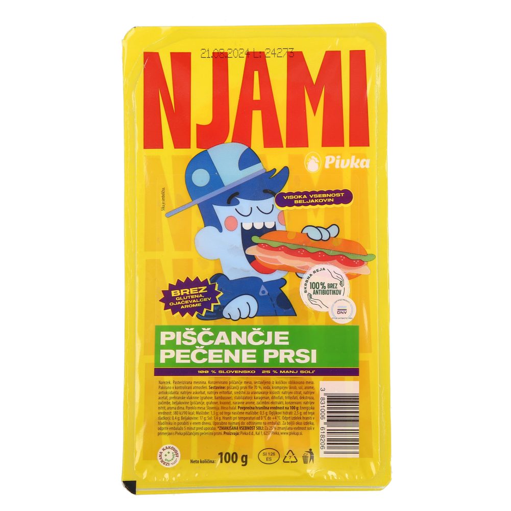 PIŠČANČJE PEČENE PRSI Z MANJ SOLI NJAMI, PIVKA, 100G
