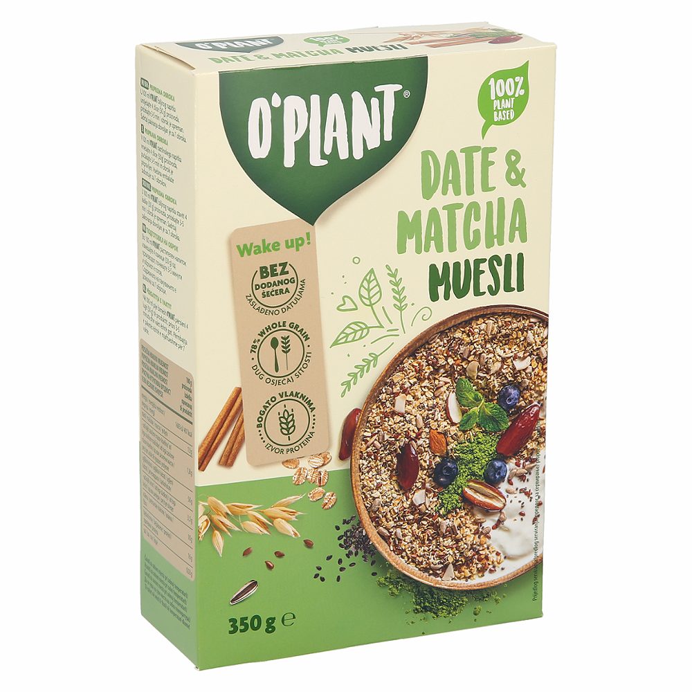 muesli mešanica ovsenih in pirinih kosmičev s semeni, datlji in matcho, o´plant, 350g