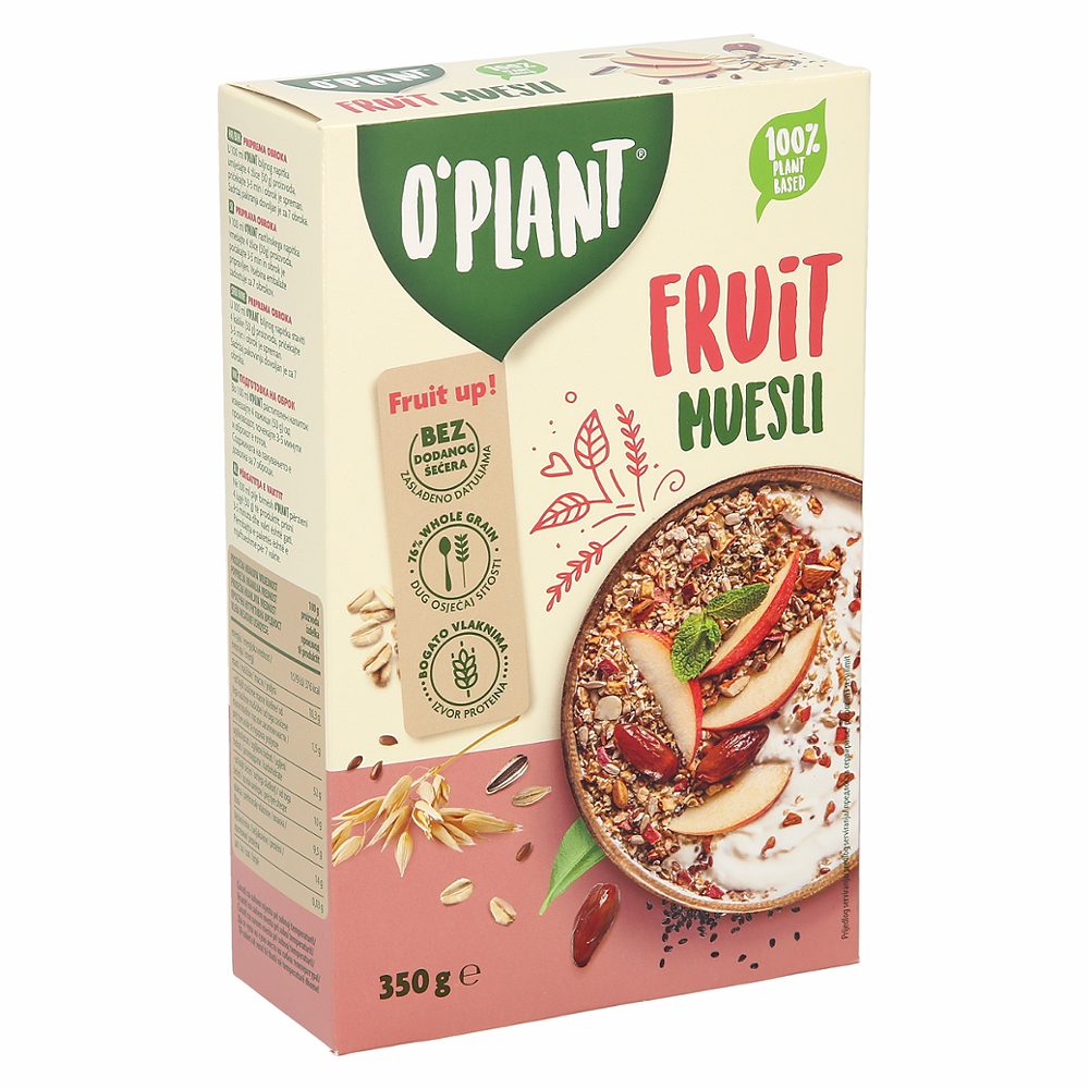 muesli mešanica ovsenih in pirinih kosmičev z jabolki in datelji, o´plant, 350g