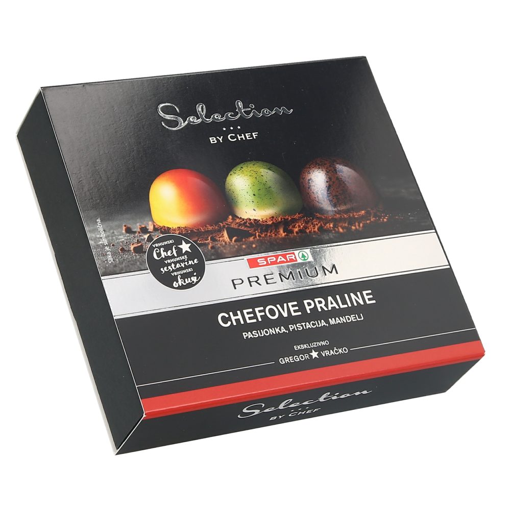 ČOKOLADNE PRALINE, PASIJONKA, PISTACIJA IN MANDELJ, SPAR PREMIUM, 105G