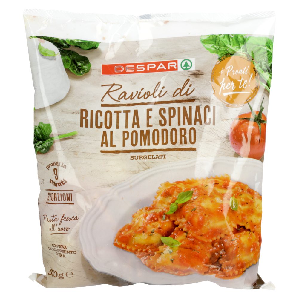 JAJČNI RAVIOLI S POLNILOM IZ RIKOTE IN ŠPINAČE S PARADIŽNIKOVO OMAKO, DESPAR, 550G