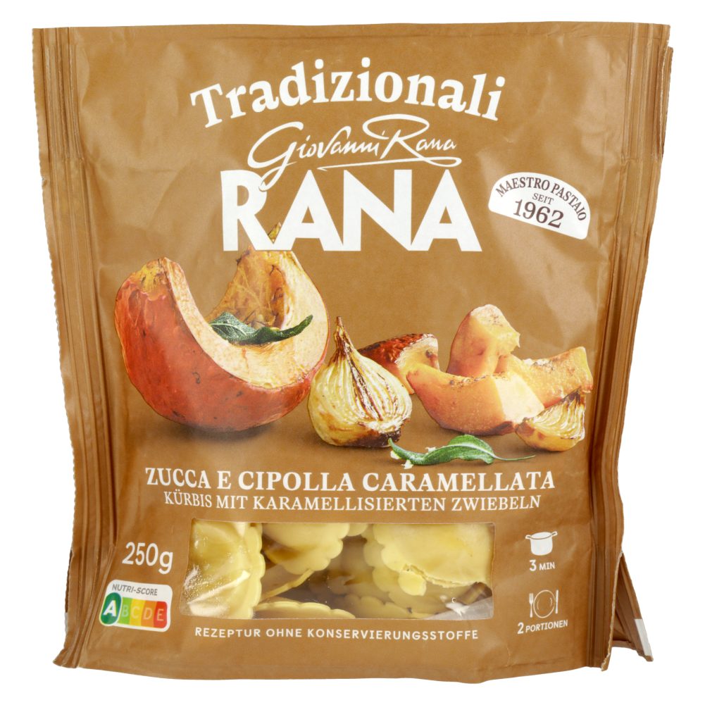 RAVIOLI Z BUČKO IN PRAŽENO ČEBULO, SVEŽE TESTENINE, RANA, 250G