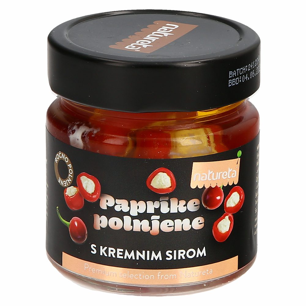 češnjeve paprike polnjene z mešanico kremnega sira v olju in kisu nothing but, natureta, 220g