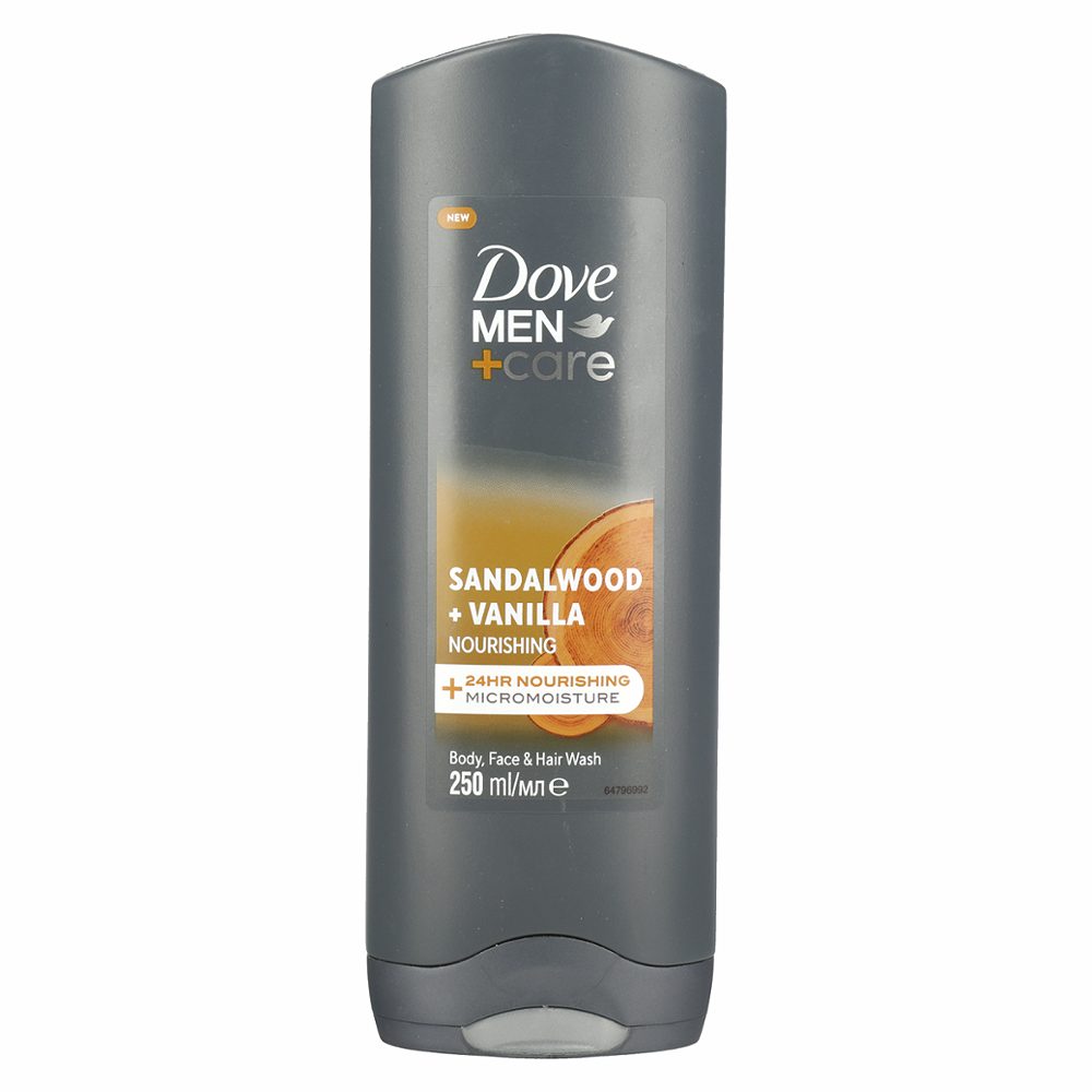 gel za prhanje sandalwood in vanilla, dove men+care, 250ml