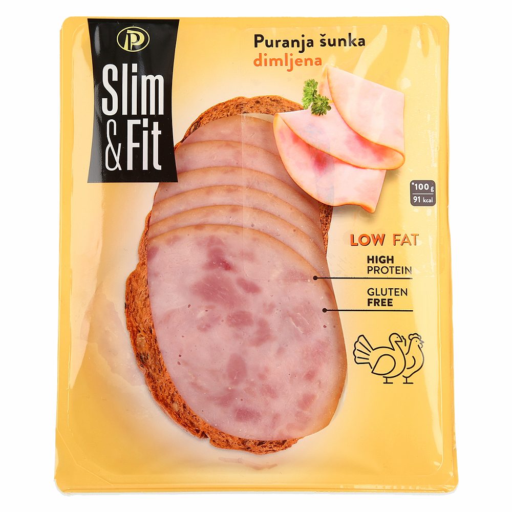 narezek, dimljena puranja šunka mega, slim & fit, pakirano, 100 g