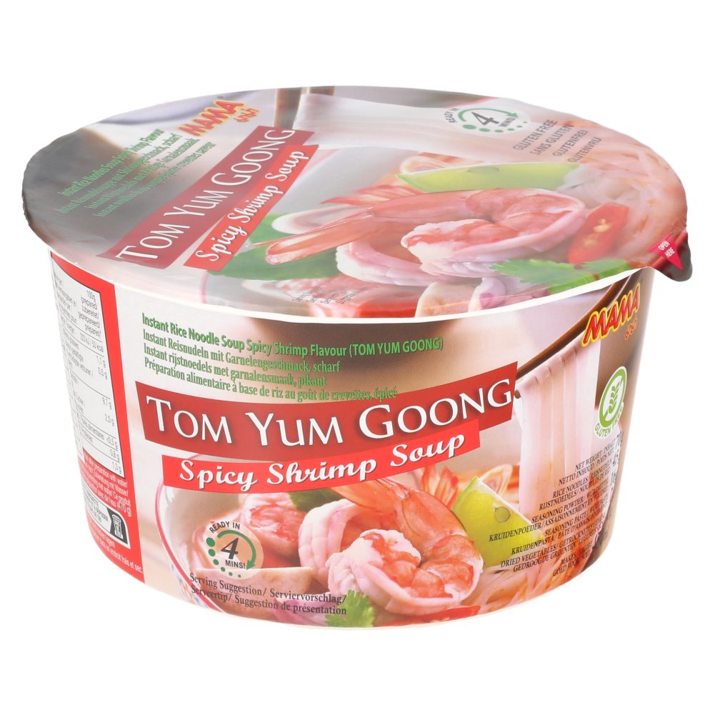 INSTANT JUHA Z RIŽEVIMI REZANCI, V LONČKU, S PIKANTNIMI KOZICAMI, TOM YUM, MAMA, 70G