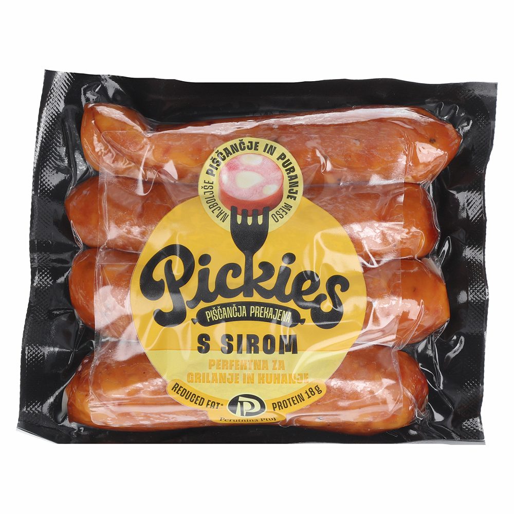 prekajena piščančja klobasica s sirom, pickies, pakirana, 210 g