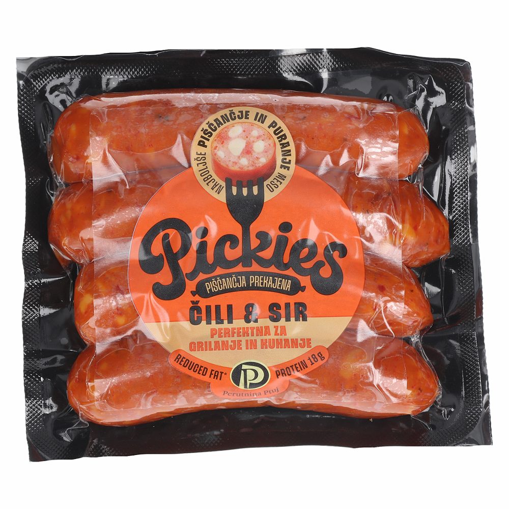 piščančja prekajena klobasica s sirom in čilijem, pickies, pakirana, 210 g