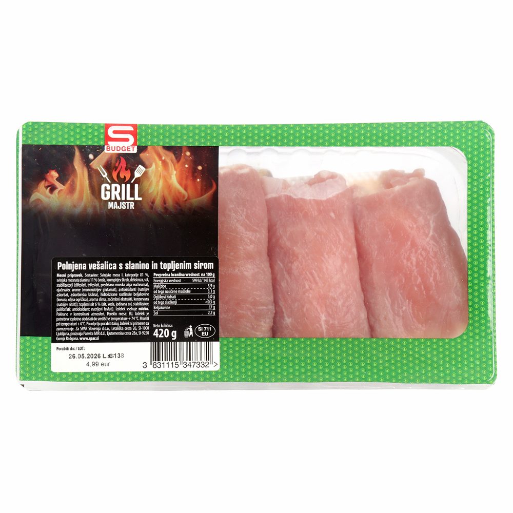 polnjena vešalica s slanino in topljenim sirom grill majstr, s-budget, 420g