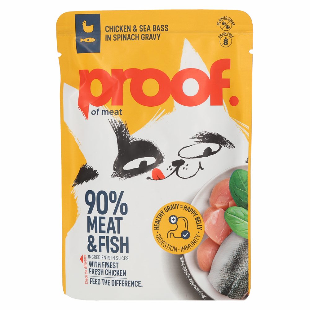 mokra hrana za mačke piščanec z brancinom v špinačni omaki, proof, 85g