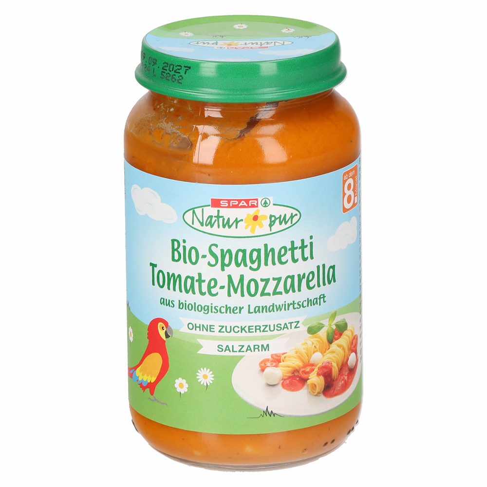 bio zelenjavna kašica, špageti s paradižnikom in mozzarello, od 8.meseca dalje, spar natur pur, 220g