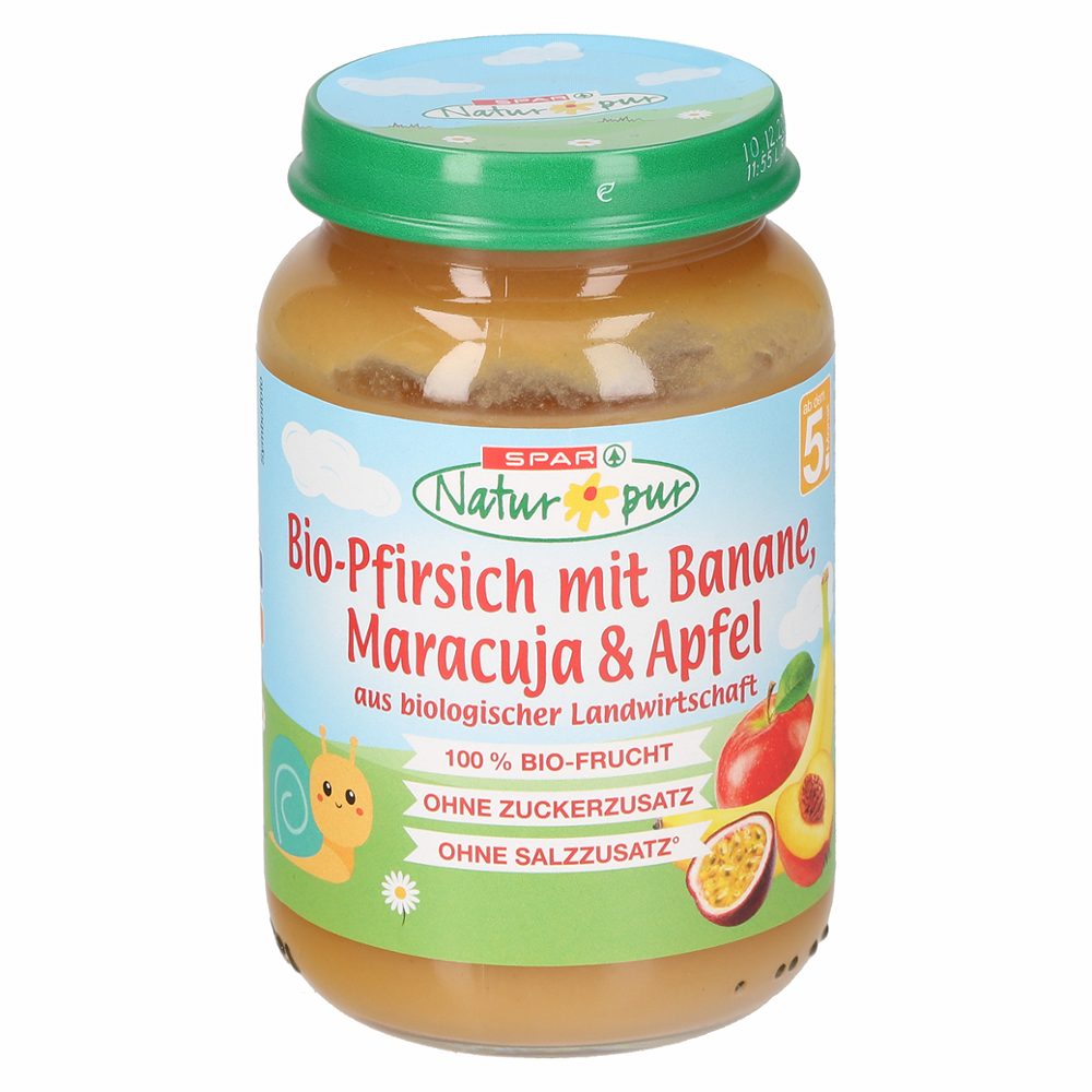 bio sadna kašica, z okusom breskve, banane in pasijonke, od 5.meseca dalje, spar natur pur, 190g