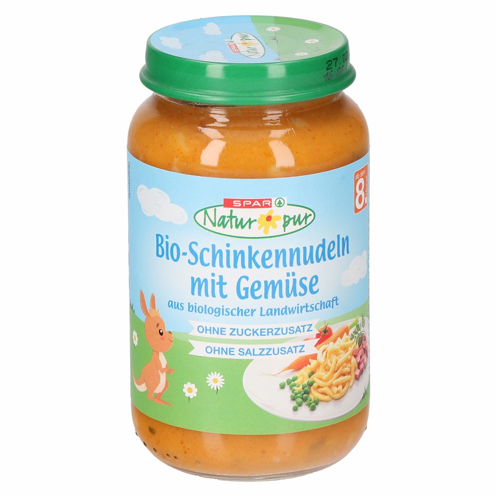 bio zelenjavna kašica, testenine s šunko, od 8.meseca dalje, spar natur pur, 220g