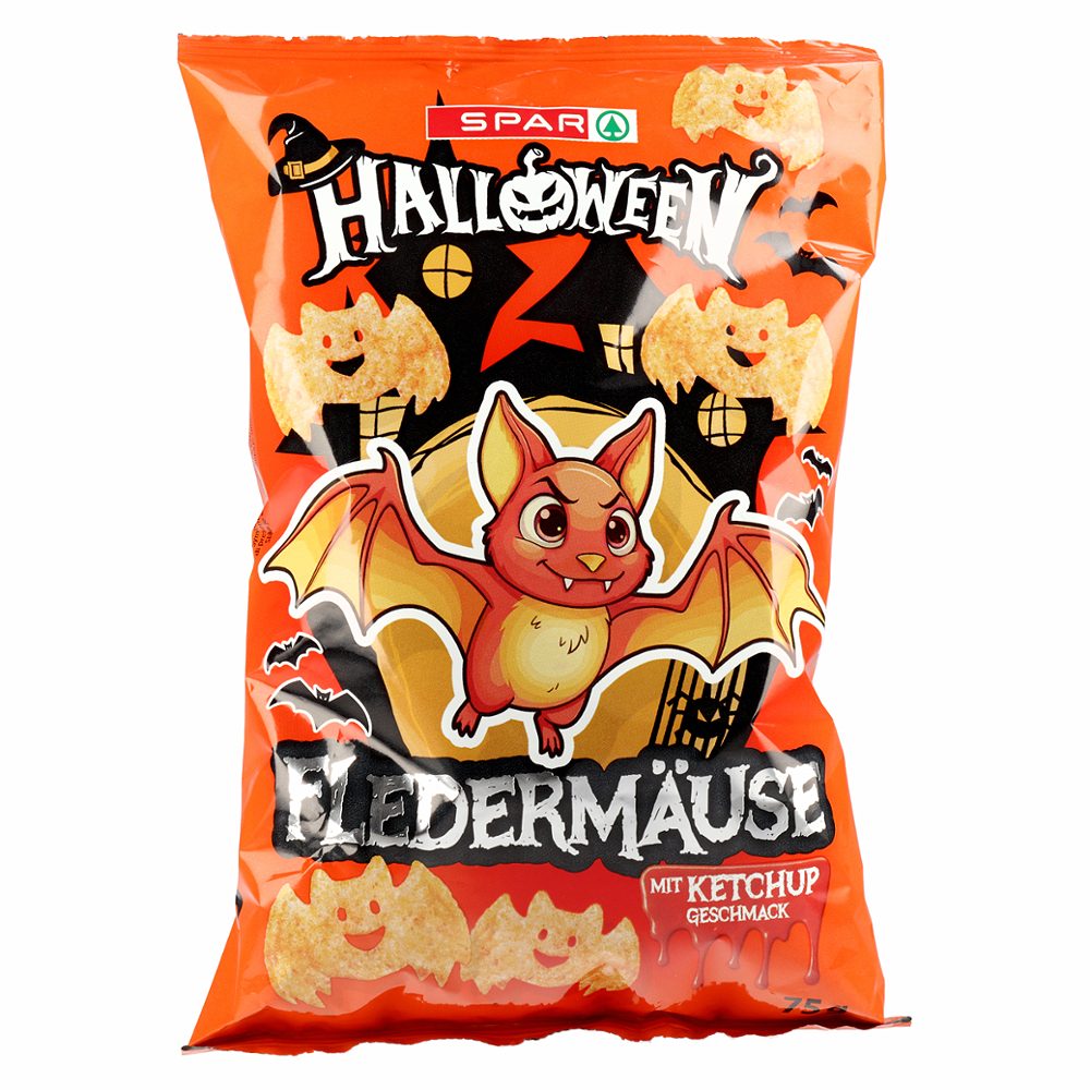 krompirjev in koruzni prigrizek, z okusom ketchupa, halloween, spar, 75g